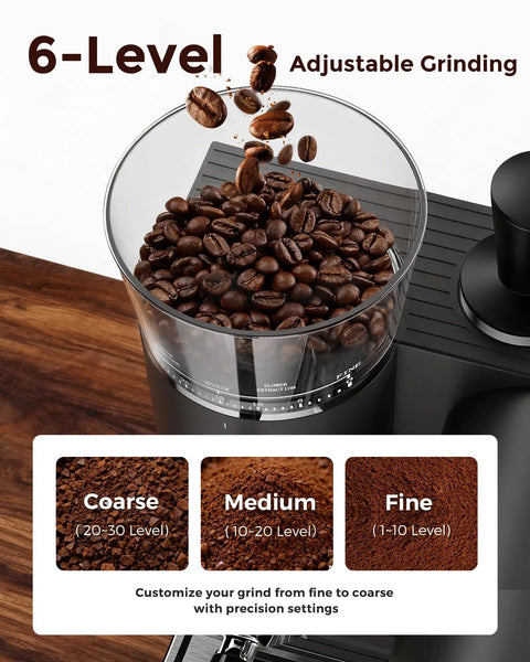 6-Level Adjustable Burr Grinder with coffee beans ready for grinding for Badass 20 Bar Espresso Machine With Led Touch Control And Adjustable Burr Grinder For Pro Extraction Killer Crema Smooth Drip Coffee Cold Brew Milk Frothing And 50 Oz Tank.