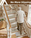 Soft Stair Treads 15 Pack Non Slip Carpet Mats 28x9 Inches For Indoor Wooden Stair Runners Kid And Pup Friendly Rugs 100 Percent Polyester With TPE Backing Beige with dog and person using crutches on stairs