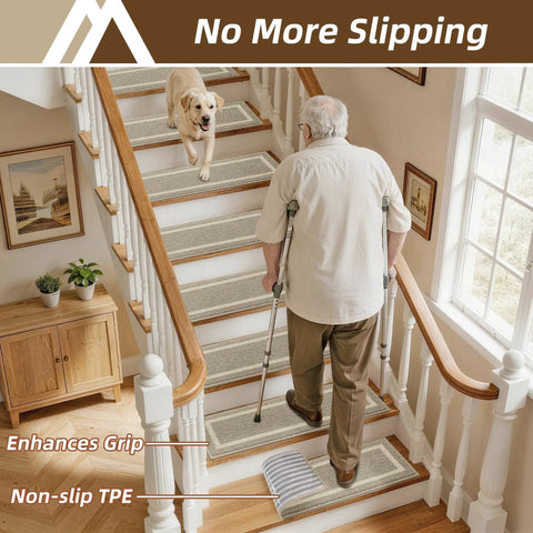Soft Stair Treads 15 Pack Non Slip Carpet Mats 28x9 Inches For Indoor Wooden Stair Runners Kid And Pup Friendly Rugs 100 Percent Polyester With TPE Backing Beige with dog and person using crutches on stairs