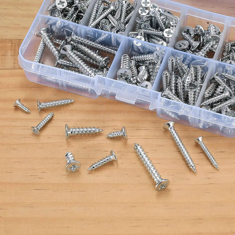 250G Self Tapping Screws Assortment Kit For Wood And Metal M3 M4 M5 in compartmentalized case on wooden surface