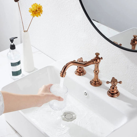 Check Out This Sweet Copper Two Handle Widespread Bathroom Faucet Fits 8 To 16 Inch Spread With Brass Body And Comes With Metal Pop Up Drain Overflow For Spot On Volume And Temp Adjustments.