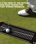 Indoor Golf Putting Mat For Home Practice With Alignment Track, 30 X 8.27 Inch Rubber Surface Black Green Mat in use outdoors