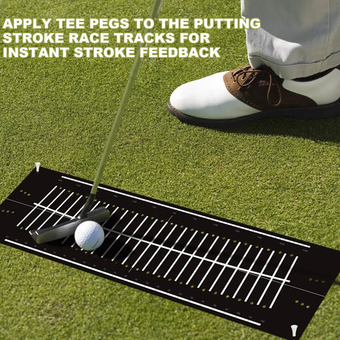 Indoor Golf Putting Mat For Home Practice With Alignment Track, 30 X 8.27 Inch Rubber Surface Black Green Mat in use outdoors