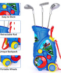 Toddler Golf Set With Shoulder Strap For Kids Aged 2 To 5 Portable Golf Clubs Cart And Putting Mat Indoor Outdoor Blue