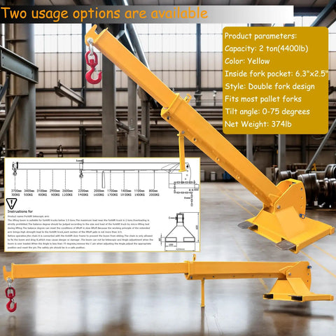 Heavy Duty Forklift Jib Boom Crane Attachment 4400 Lbs Capacity Manual Telescoping Boom showing dual swivel hooks in warehouse