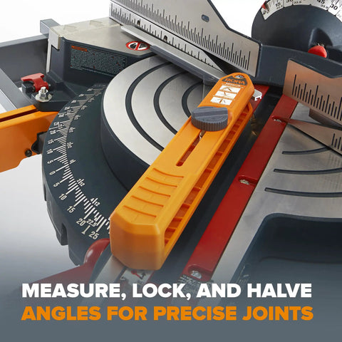 Pro Grade MiteriX Angle Aluminum Wood Duplicator on miter saw, showing measurement and locking system for precise cuts.