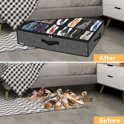 Sick Under Bed Shoe Storage Organizer Set Of 2, Straight Up Closet Flex Hosting Up To 24 Pairs Of Kicks, Clear Window, Breathable Black Linen Look, Foldable Space Saver Design