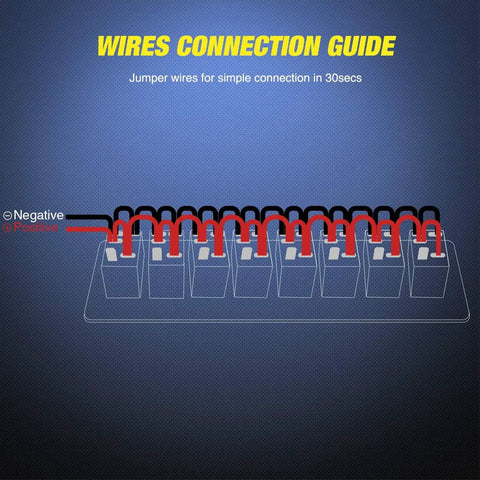Diagram showing wiring setup for 8 Gang Rocker Switch Panel Kit With LED Backlit On Off Switches And Overload Protection Prewired.
