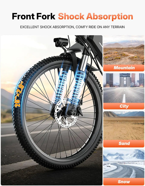 Front fork shock absorption on High Power 1500W Peak Ebike For Adults With 48V 12Ah Removable Battery Up To 25 MPH And 65 Mile Range