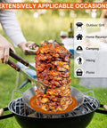 Stainless Steel Vertical Skewer Set For Grill With 3 Removable Spikes 8 10 12 Inches And Cleaning Brushes in use outdoors