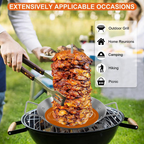 Stainless Steel Vertical Skewer Set For Grill With 3 Removable Spikes 8 10 12 Inches And Cleaning Brushes in use outdoors