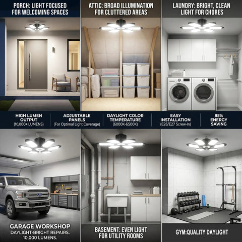 Powerful 100W LED Garage Light With 10000 Lumens And 6 Deformable Panels For Full 360 Degree Illumination in various home settings