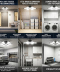 Image showcasing 100W LED Garage Light With 10000LM Per Fixture, 40000LM Total For 4 Pack illuminating various rooms and garage.