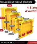 Heavy Duty Lockout Tagout Cabinet Wall Mount LOTO Storage Box Built Like A Tank With Twenty Two Shackle Holders Straight Up Safety Gear Made For Real Construction Jobs showing multiple sizes and dimensions.