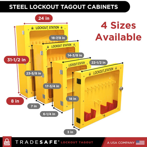 Heavy Duty Lockout Tagout Cabinet Wall Mount LOTO Storage Box Built Like A Tank With Twenty Two Shackle Holders Straight Up Safety Gear Made For Real Construction Jobs showing multiple sizes and dimensions.
