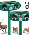 Two Pack Solar Ultrasonic Deer Repeller With Motion Sensor Outdoor Animal Deterrent For Rabbits Cats Raccoons And Squirrels Keeps Your Yard And Garden Pest Free, green solar units with USB-C cable