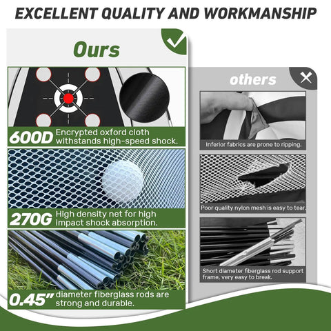 Comparison of backyard golf practice net materials showing high-quality oxford cloth, dense netting, durable fiberglass rods.
