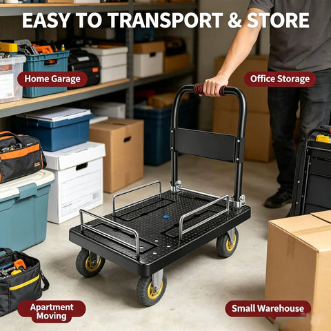 Foldable Guardrail Platform Hand Truck With 330 Lb Capacity Lightweight Flatbed Dolly Cart On 5 Inch Silent Wheels 71x47 Cm in garage