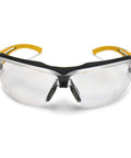 Lightweight Safety Glasses With Antifog Clear Lenses Offer Heavy Duty Wraparound Coverage That Blocks Dust And Falling Debris On Any Job Site The Snug Tpr Brow Guard Delivers Solid Side Shielding And Crisp Vision For All Day Shop Floor Comfort. Front view of clear wraparound safety glasses with black and yellow trim.