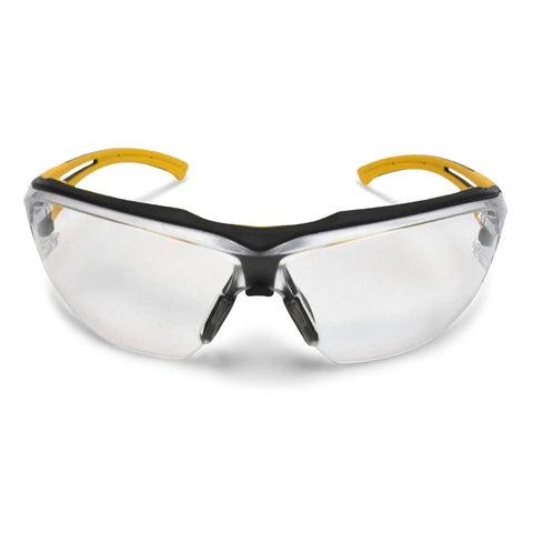 Lightweight Safety Glasses With Antifog Clear Lenses Offer Heavy Duty Wraparound Coverage That Blocks Dust And Falling Debris On Any Job Site The Snug Tpr Brow Guard Delivers Solid Side Shielding And Crisp Vision For All Day Shop Floor Comfort. Front view of clear wraparound safety glasses with black and yellow trim.