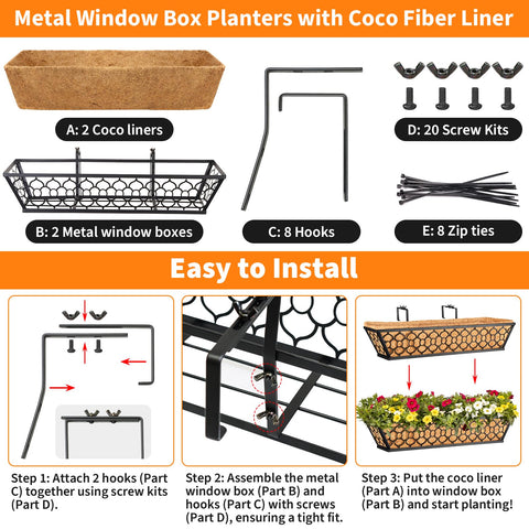 Two Pack 16 Inch Window Box Planters With Coco Liner For Railing, Metal Deck Hanging Planters For Balcony Patio And Fence components and installation guide