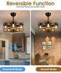 Dope 20 Inch Caged Bladeless Ceiling Fan With Lights And Remote Black Rustic Farmhouse Style For Bedroom Or Kitchen Space Saving With Double Layer Cage And 8 Hidden Blades For Safe Indoor Use showing downdraft and updraft modes in kitchen and living room settings