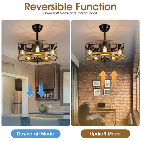 Dope 20 Inch Caged Bladeless Ceiling Fan With Lights And Remote Black Rustic Farmhouse Style For Bedroom Or Kitchen Space Saving With Double Layer Cage And 8 Hidden Blades For Safe Indoor Use showing downdraft and updraft modes in kitchen and living room settings
