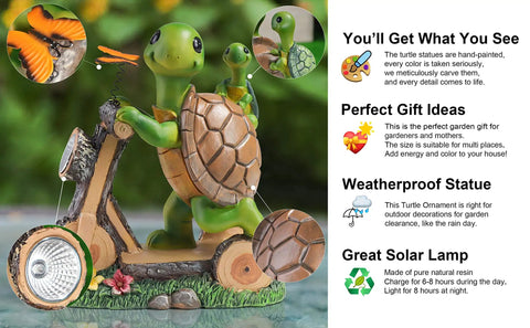 Outdoor Garden Figurine Lights Featuring A Cute Turtle Riding Scooter Solar Powered LED Statue Waterproof For Patio Yard And Lawn Decor Playful Fairy Light Garden Sculpture Gift For Family in close-up view showing details.