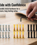 Skateboard Hardware Kit 5X25MM Metal Countersunk Hex Screws set in silver, gold, and black with hex key