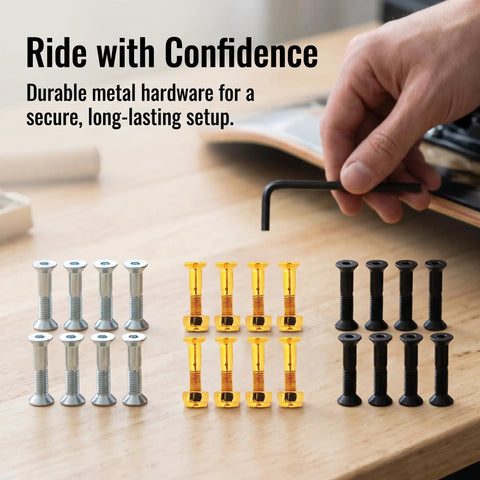 Skateboard Hardware Kit 5X25MM Metal Countersunk Hex Screws set in silver, gold, and black with hex key