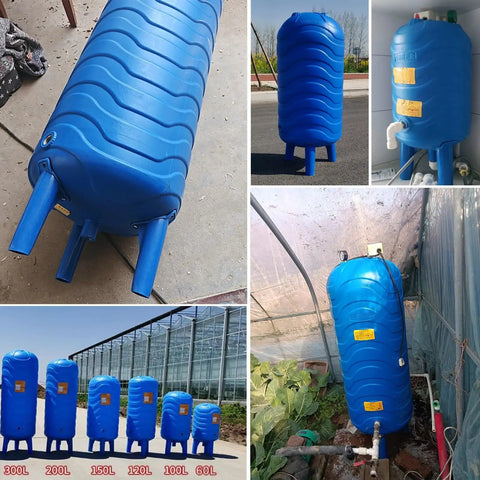 Solid Vertical Water Pressure Tank With Mounting Kit Freeze Proof Food Grade Polyethylene Well Storage Container Built Heavy Duty for Home Plumbing in outdoor settings.
