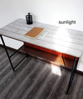 Desk with white wood peel and stick wallpaper self adhesive removable vinyl plank paper for walls and cabinets.