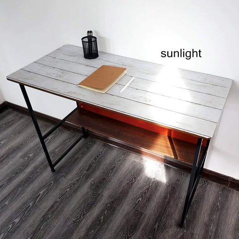 Desk with white wood peel and stick wallpaper self adhesive removable vinyl plank paper for walls and cabinets.