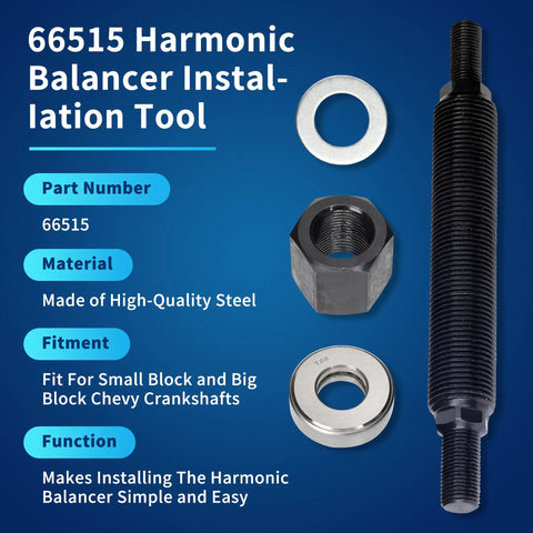 Parts of Harmonic Balancer Installation Tool For Chevy Small Block And Big Block Cranks, steel rod, nut, and washer layout