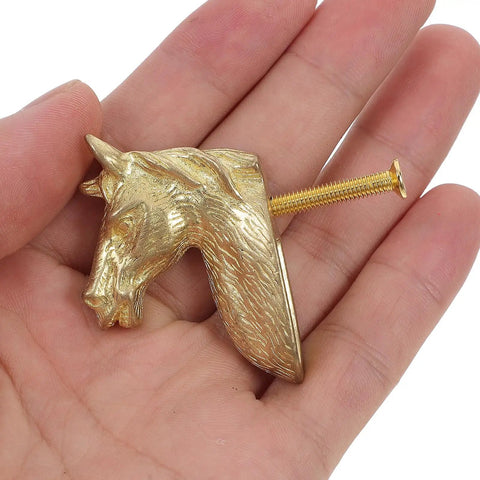 Real Deal Brass Animal Head Cabinet Knobs With Sweet Golden Finish, horse design, held in hand, durable drawer pull.