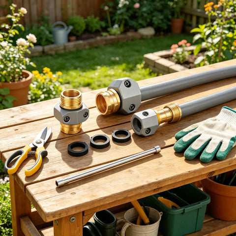Heavy Duty Garden Hose Repair Kit With Zinc Alloy Clamps And Aluminum Fittings For 5/8 And 3/4 Inch Hoses Includes Male Female Connectors Plus Stainless Screws And Rubber Washers To Fix Leaks Fast. on garden table with connectors, washers, and hose