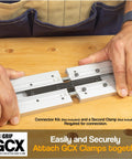 Heavy Duty 50 Inch Clamp Guide Track For Circular Saws With Quick One Sided Adjustment, showing connection of clamps on wood surface.