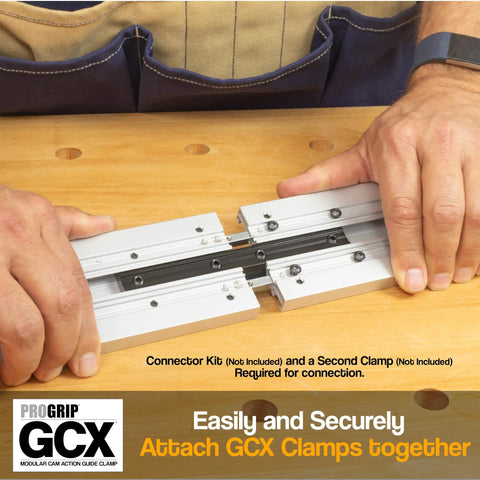 Heavy Duty 50 Inch Clamp Guide Track For Circular Saws With Quick One Sided Adjustment, showing connection of clamps on wood surface.