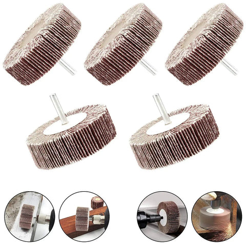 Five Pack 3.15 By 1 By One Quarter Inch Shank Mounted Flap Wheel 80 Grit Aluminum Oxide Abrasive Wheels for metal finishing