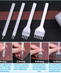 All-In-One 35-Piece Leather Sewing Kit with prong tools displayed on brown leather strip.