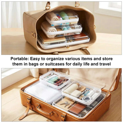 Sleek Badass Clear Hard Shell Zipper Storage Cases 3 Pack Medium for organizing toiletries in a tan travel bag.