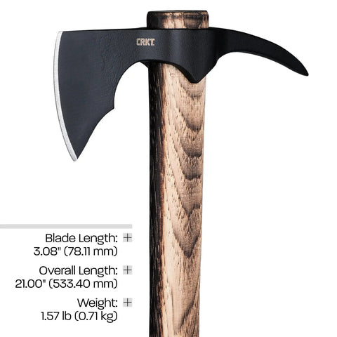 ODR Axe Outdoor Survival Hawk With Spike 1055 Carbon Steel Head Tennessee Hickory Handle close-up, showing blade and spike