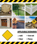 Collage of various outdoor fencing and road sign scenarios, including a wooden shed, metal fence, picket fence, garage, and road signs.