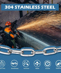 Worker welding stainless steel with sparks, emphasizing material's strength. Stainless Steel Chain 3/16 Inch By 2 Ft Heavy Duty Chain Link