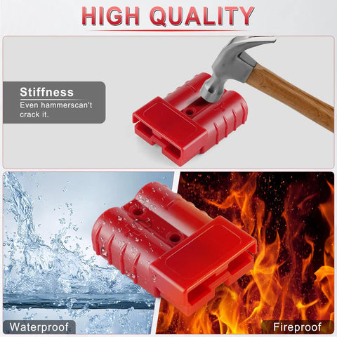 2 Pack 50 Amp Quick Connect Disconnect Battery Connector Kit showing hammer test, water resistance, and fireproof features