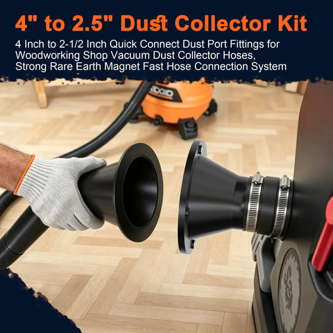 2.5 Inch Magnetic Dust Collection Fittings Kit Includes Quick Connect Connector, showcasing hose attachment for shop vac.