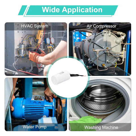 Wide application of Beefed Up 10uF 450V CBB60 Motor Run Capacitor for single-phase motors in HVAC, compressors, pumps, washers