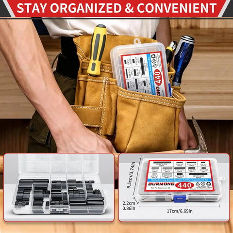 440 Piece Roll Pin Kit With Slotted Steel Pins, 13 Sizes From 13/64 To 15/64 Inch, Durable Carbon Steel, Rust Resistant Black Oxide Finish, Perfect For DIY Projects, Auto Repairs, Home Improvement, And Tough Machinery Work in labeled storage box