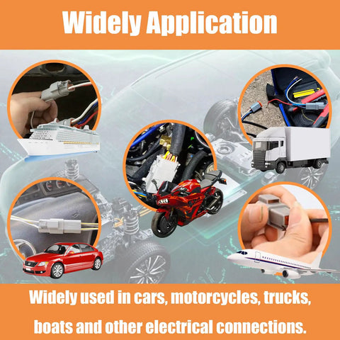 Applications of Beefy Grey 12 Pin Waterproof Wire Connector Kit in vehicles, including trucks, motorcycles, cars, and boats.