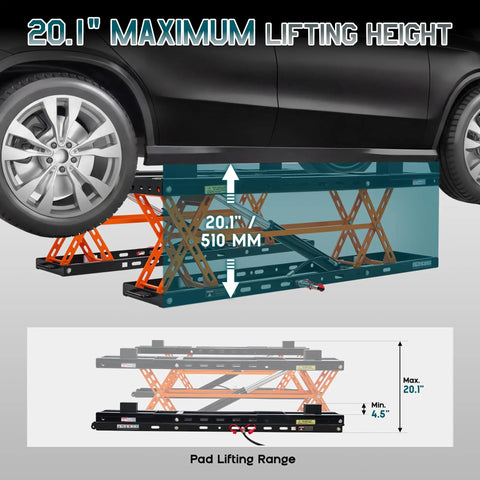 Heavy Duty Portable Car Lift For Home Garage Shop With Hella Tough Carbon Steel Construction And Dual Safety Locks Easily Raises Sedans And Light Trucks Up To Five Thousand Pounds Smoothly with 20.1" maximum lifting height.